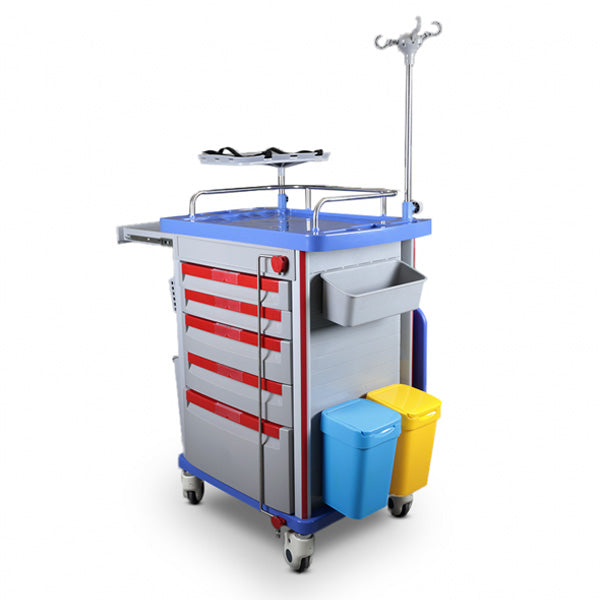 Hospital Emergency Crash Cart Trolley with Locking Drawers & IV Pole